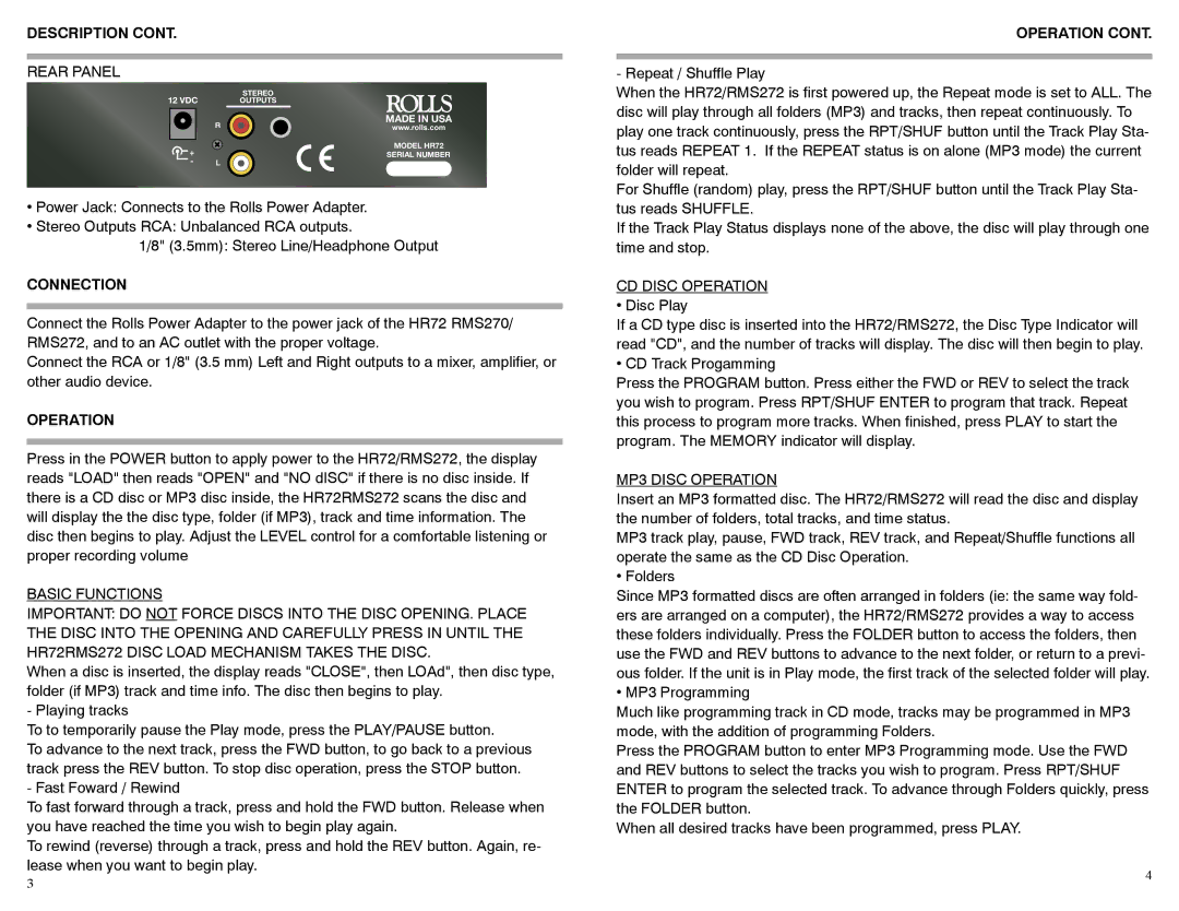 Rolls RMS272, HR72 owner manual Rear Panel, Connection, CD Disc Operation, MP3 Disc Operation 