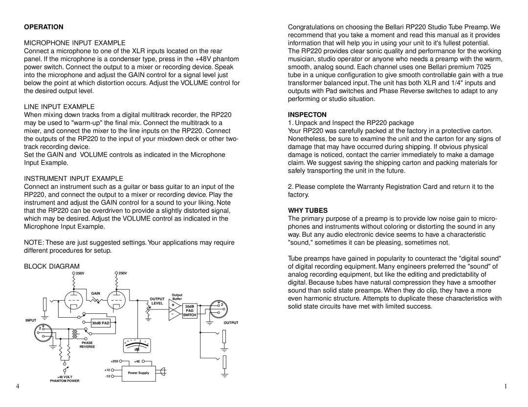 Rolls RP220 owner manual Operation, Inspecton, WHY Tubes 