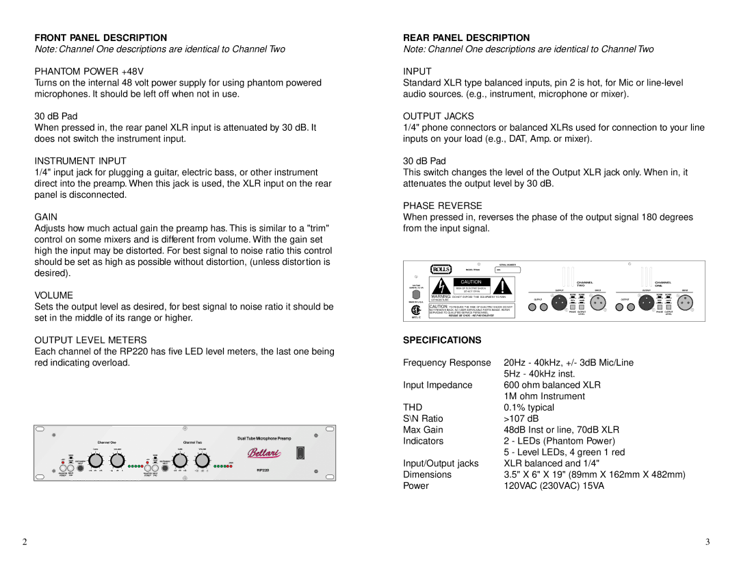 Rolls RP220 owner manual Front Panel Description, Rear Panel Description, Specifications 