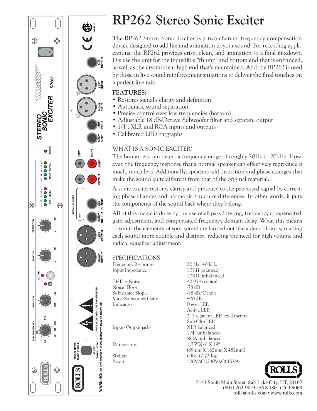 Rolls specifications RP262 Stereo Sonic Exciter, Features, What is a Sonic EXCITER?, Specifications 