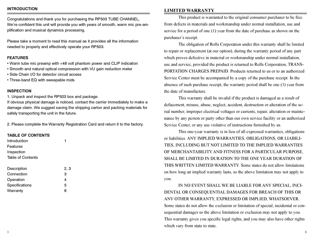 Rolls RP503 owner manual Introduction, Features, Inspection, Table of Contents 