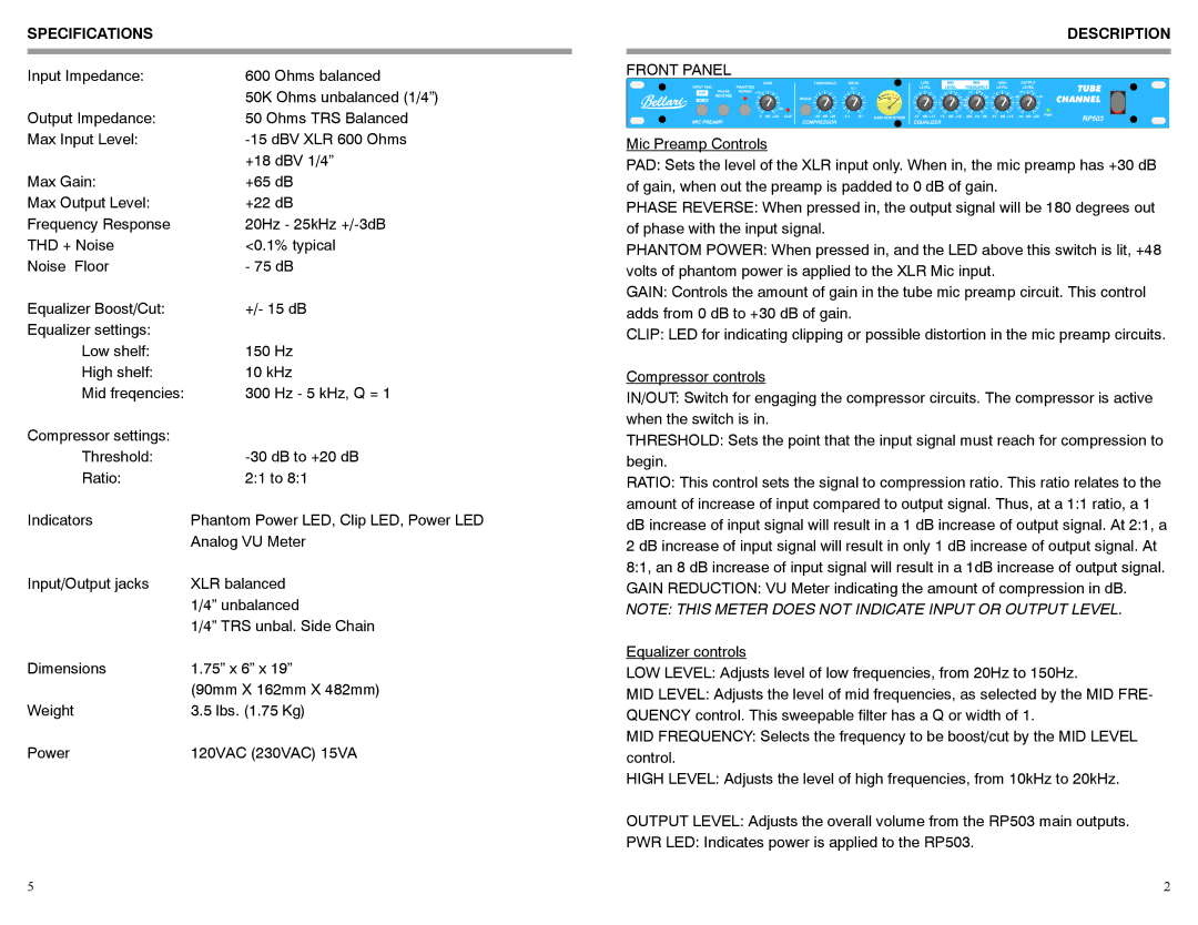 Rolls RP503 owner manual Specifications, Description, Front Panel 