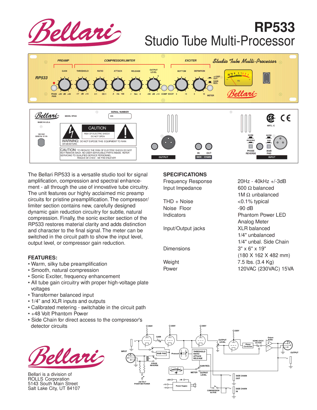 Rolls RP533 specifications Studio Tube Multi-Processor, U d i o T u b e M, Specifications, Features 