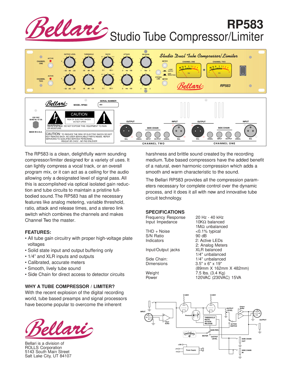 Rolls RP583 specifications Studio Tube Compressor/Limiter, U d i o A l B e 