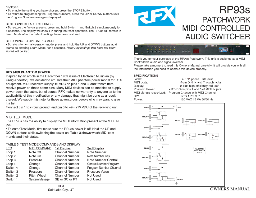 Rolls RP93s owner manual Restoring Default Settings, Returning to Operating Mode, Specifications 