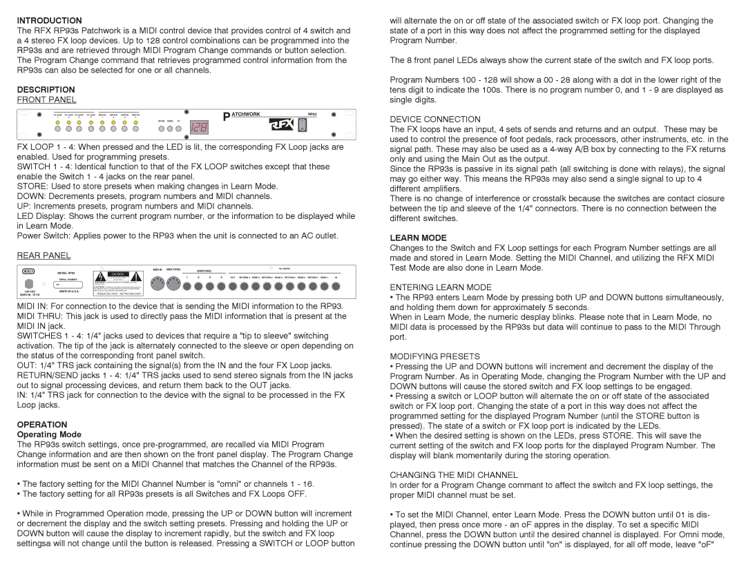 Rolls RP93s owner manual Introduction, Description, Operation, Learn Mode 