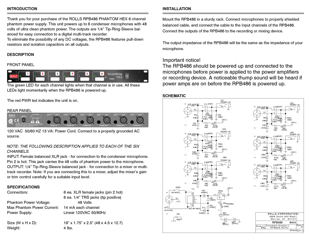 Rolls RPB486 owner manual Introduction, Description, Installation, Specifications, Schematic 