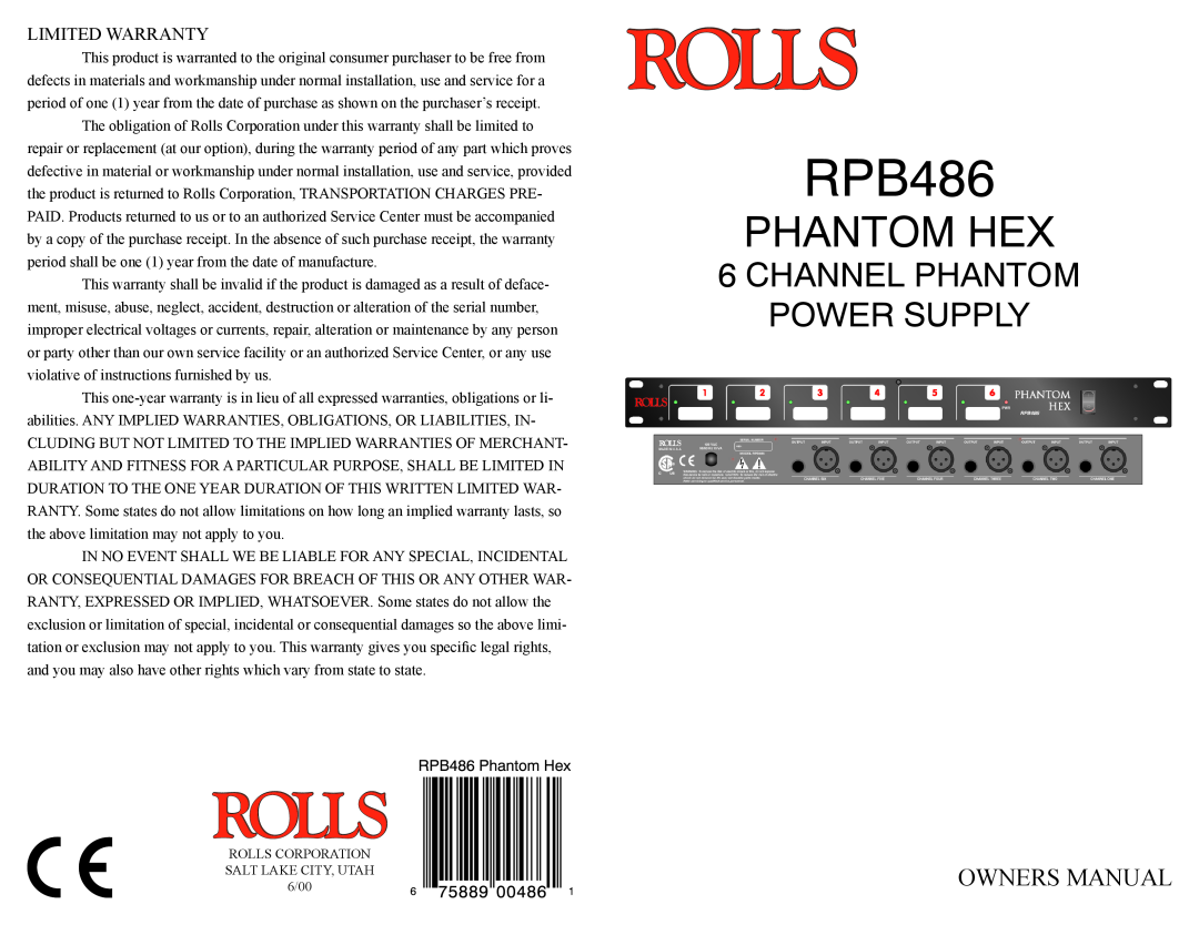 Rolls RPB486 owner manual Phantom Hex, Channel Phantom Power Supply, Limited Warranty 