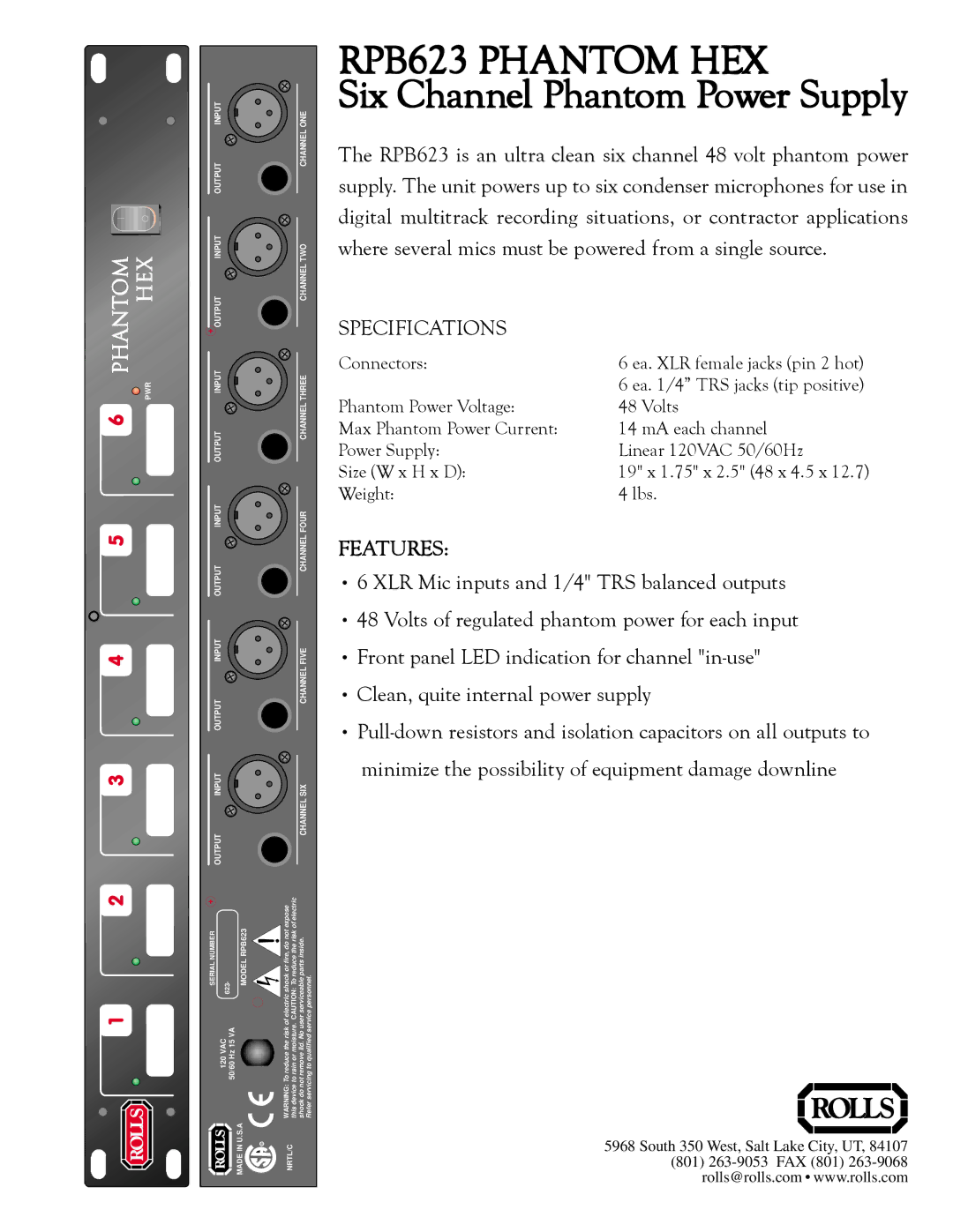 Rolls specifications RPB623 Phantom HEX, Six Channel Phantom Power Supply, Specifications, Features 