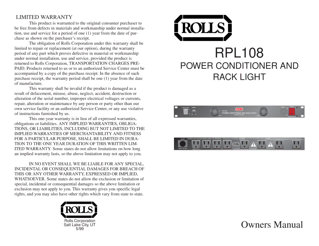 Rolls RPL108 owner manual X I M U M, I N 
