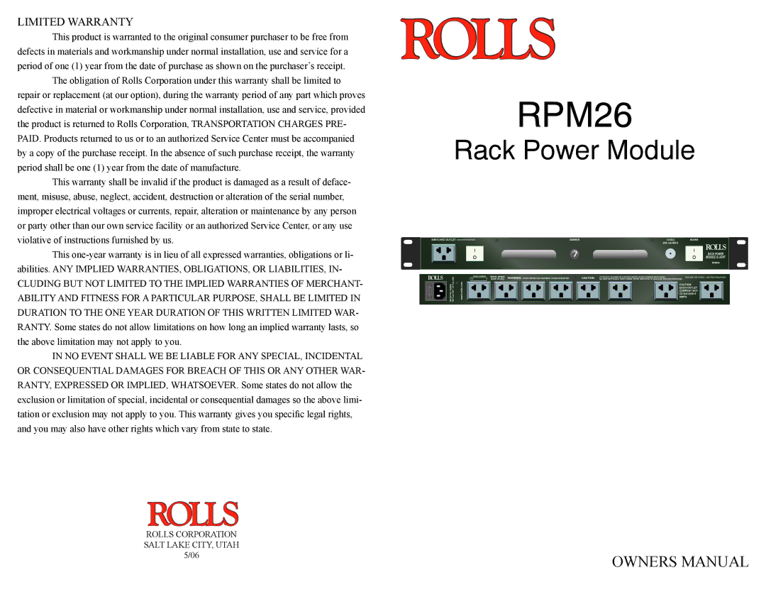 Rolls RPM26 owner manual Rack Power Module, Limited Warranty 