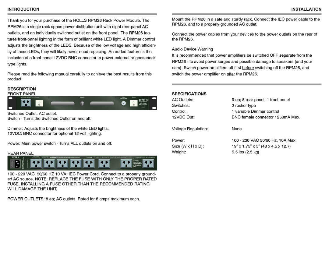 Rolls RPM26 owner manual Introduction, Description, Installation, Specifications 