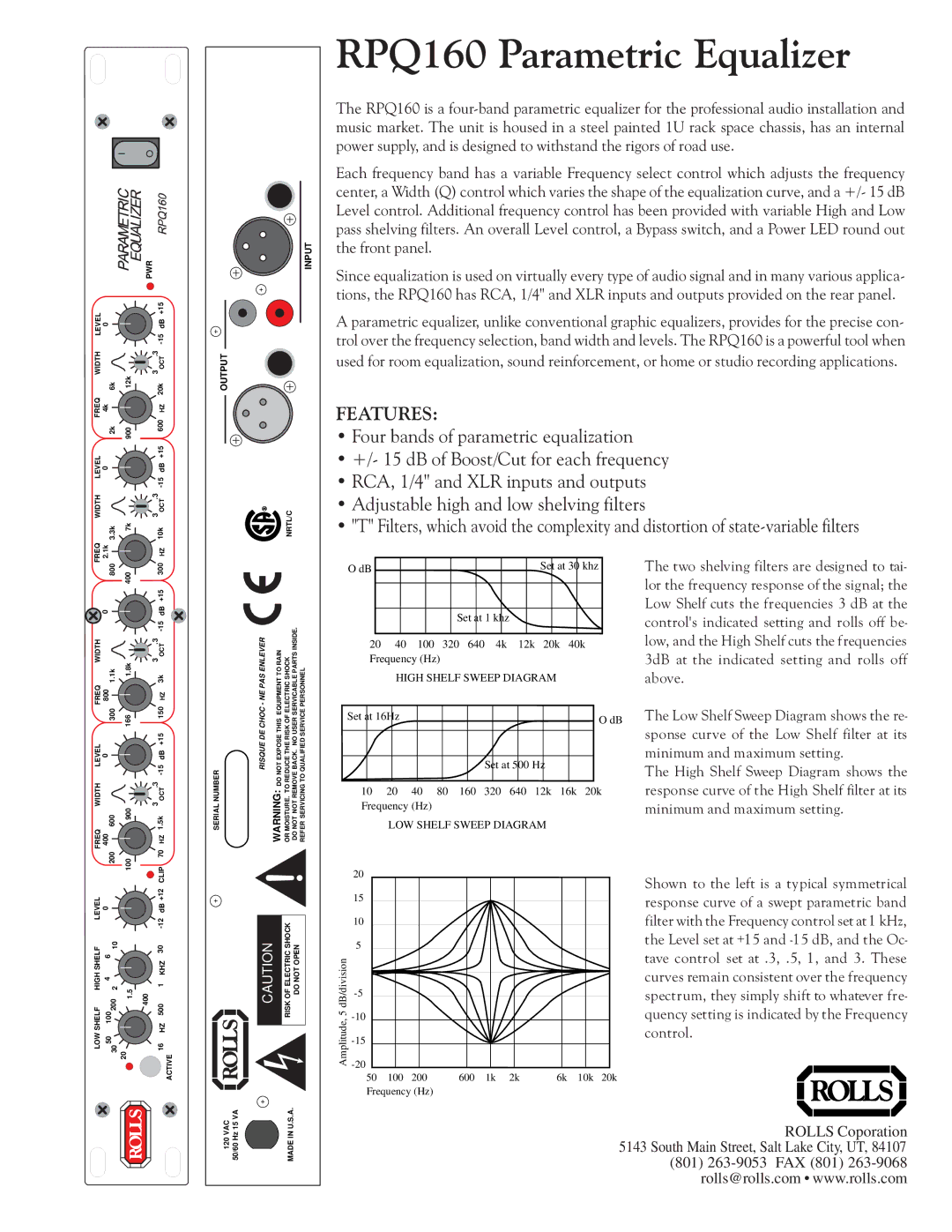 Rolls manual RPQ160 Parametric Equalizer, Features, Risque DE Choc NE Pasenlever 