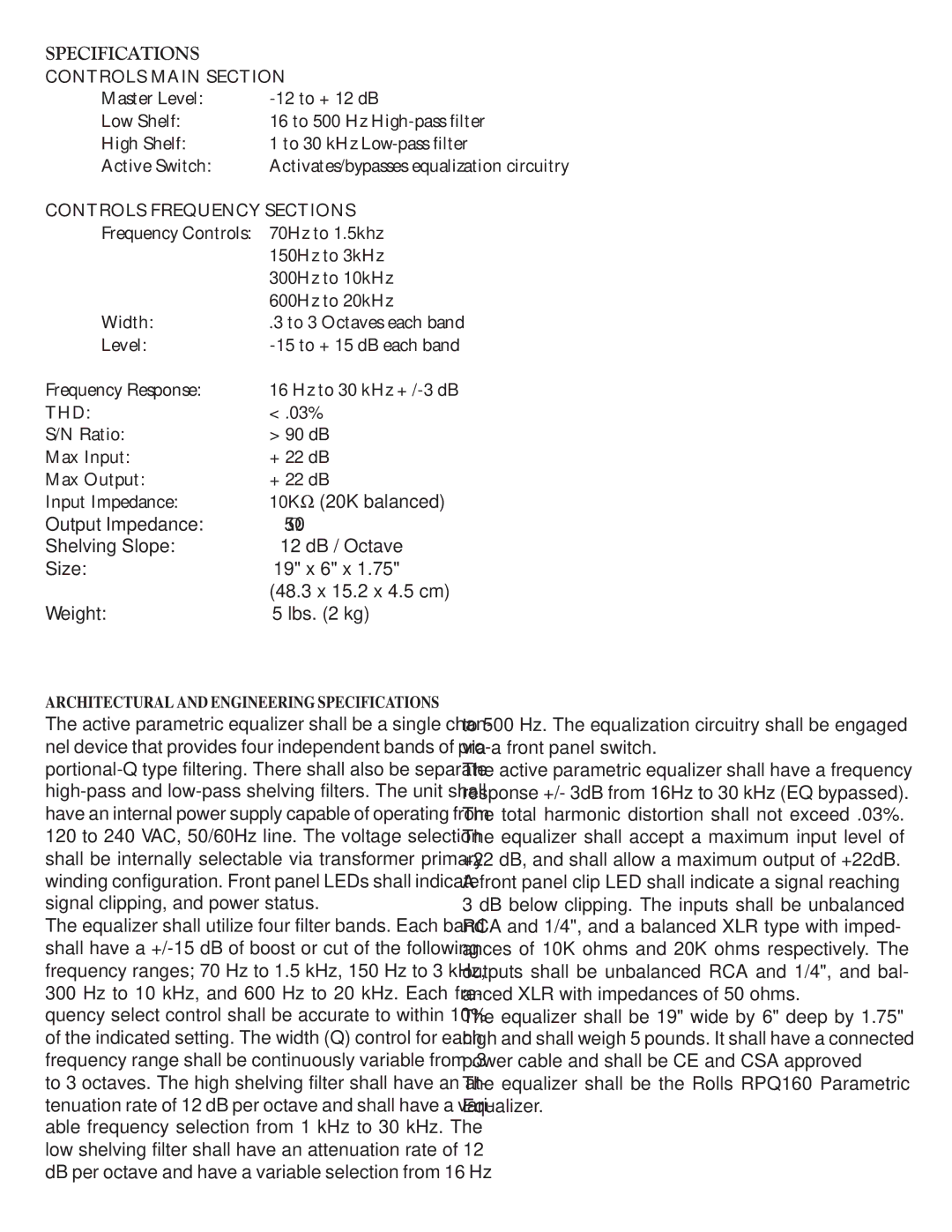 Rolls RPQ160 manual Specifications Controls Main Section, Controls Frequency Sections, Thd 