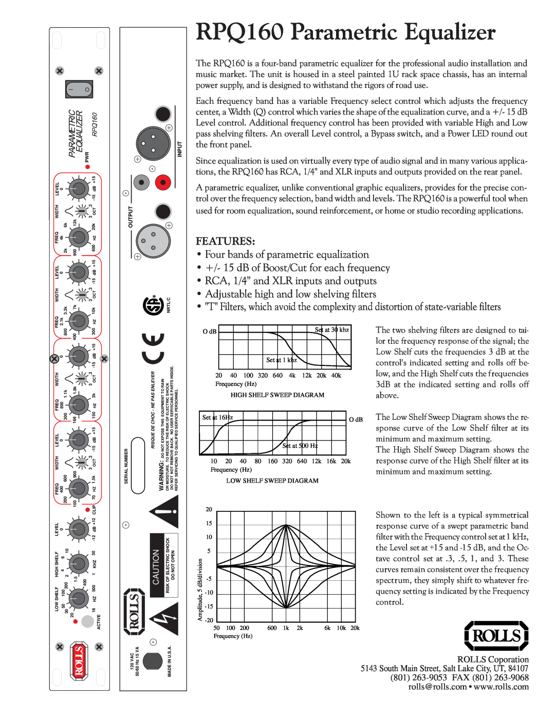 Rolls manual RPQ160 Parametric Equalizer, FEATURES Four bands of parametric equalization 