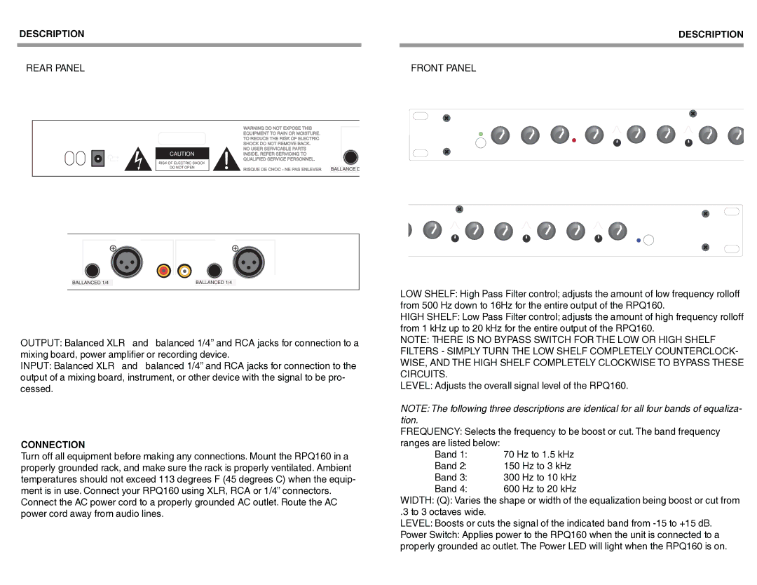 Rolls RPQ160b quick start Description Rear Panel Front Panel, Connection 