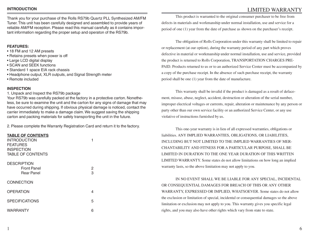 Rolls RS79b owner manual Introduction, Features, Inspection, Table of Contents 