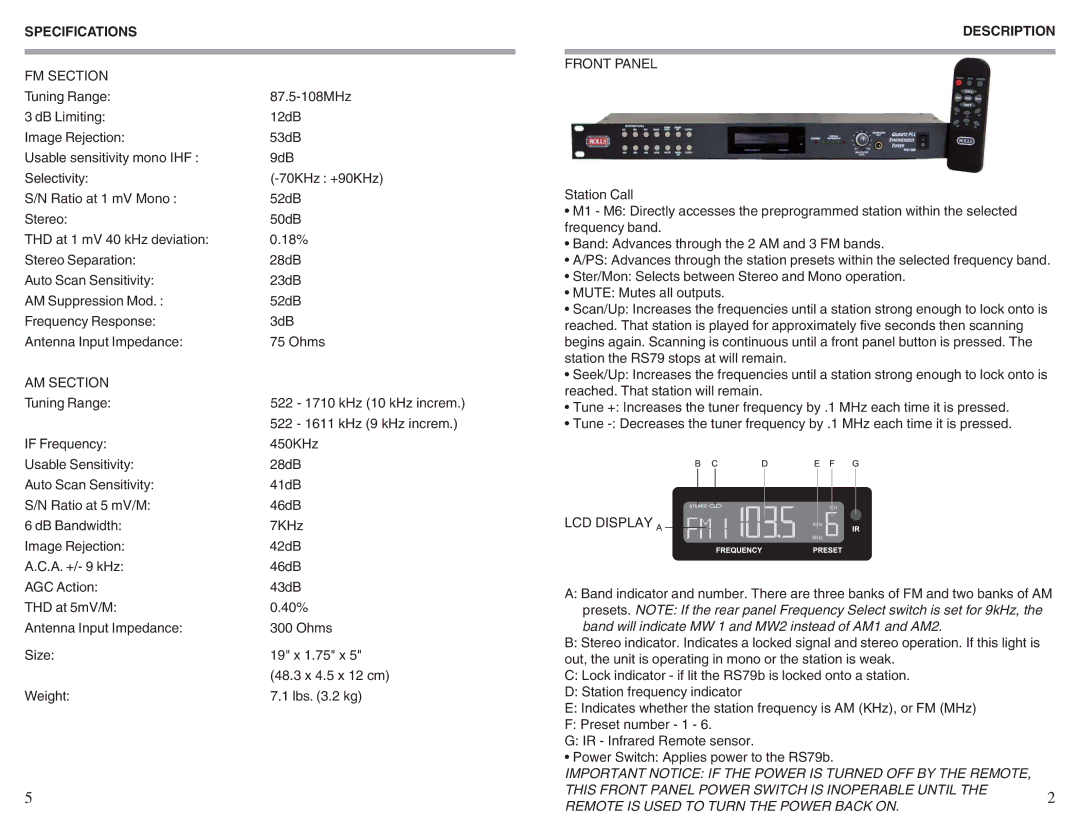 Rolls RS79b owner manual Specifications, Description 