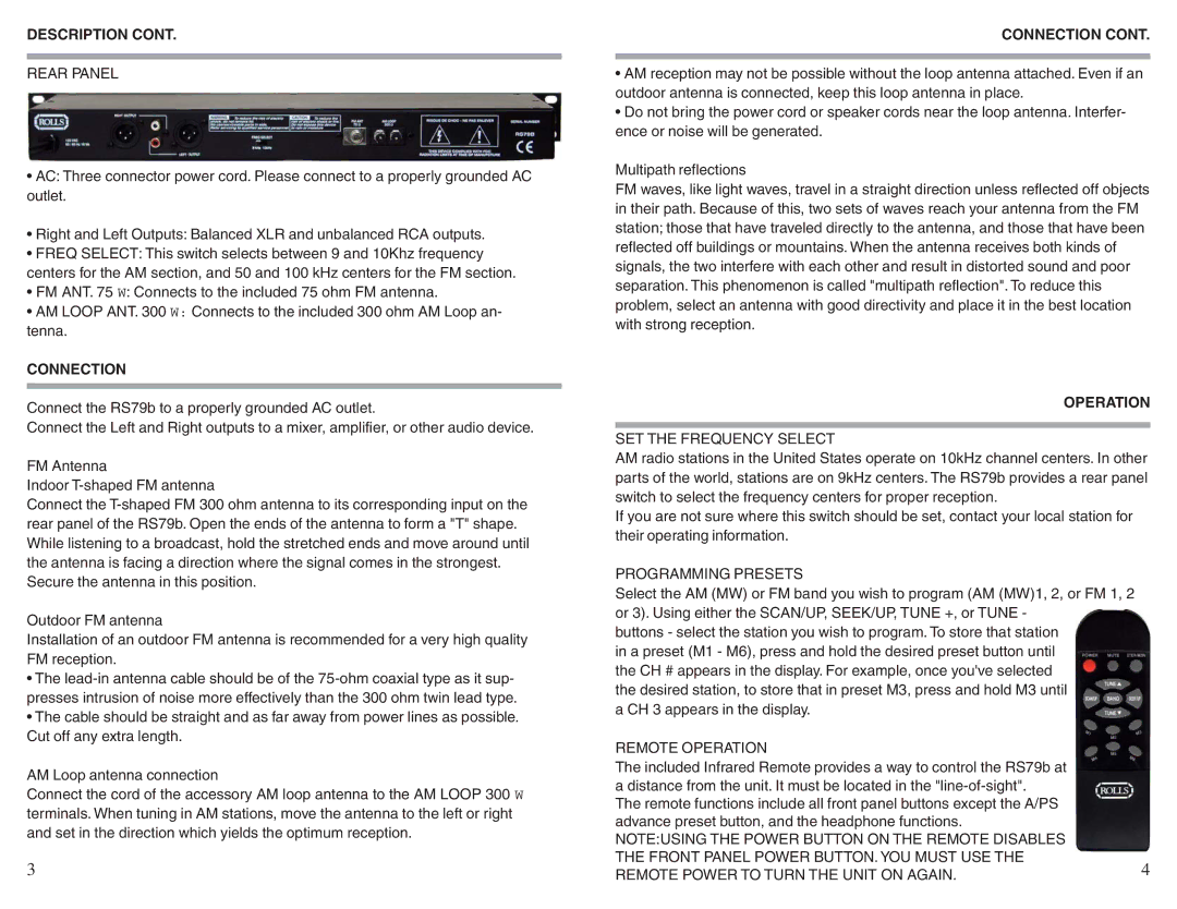 Rolls RS79b owner manual Connection, Operation 