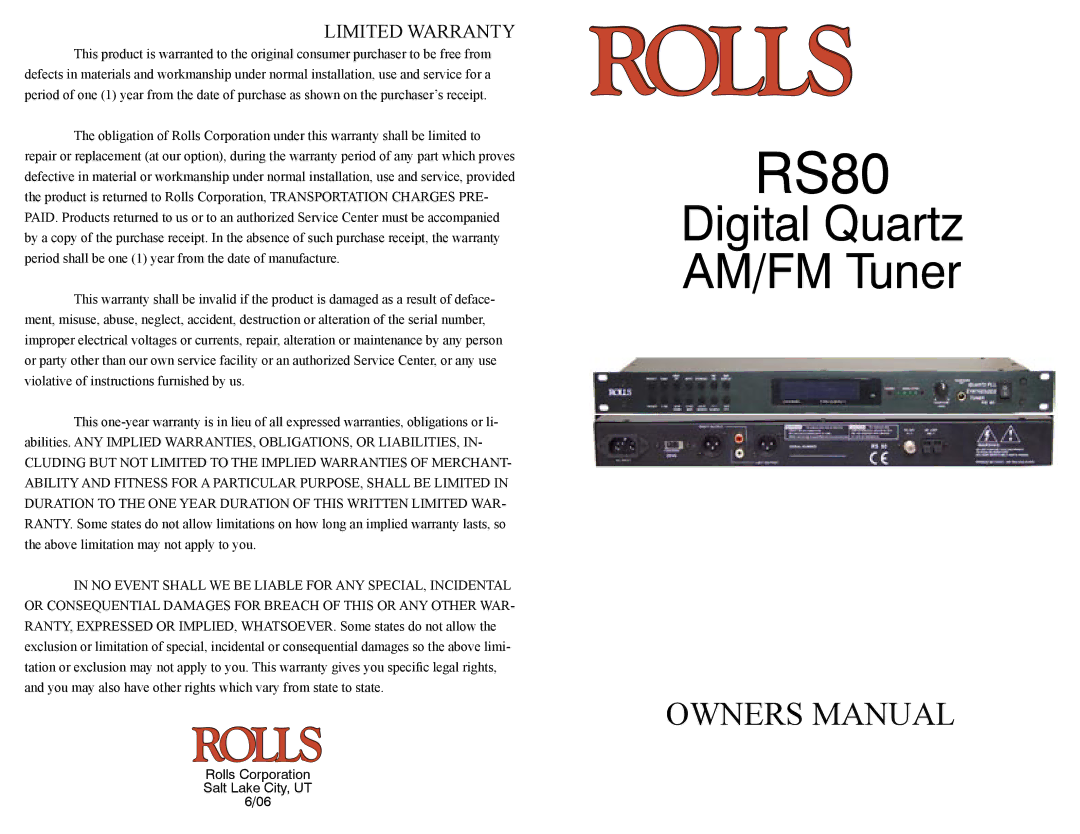 Rolls RS80 owner manual 