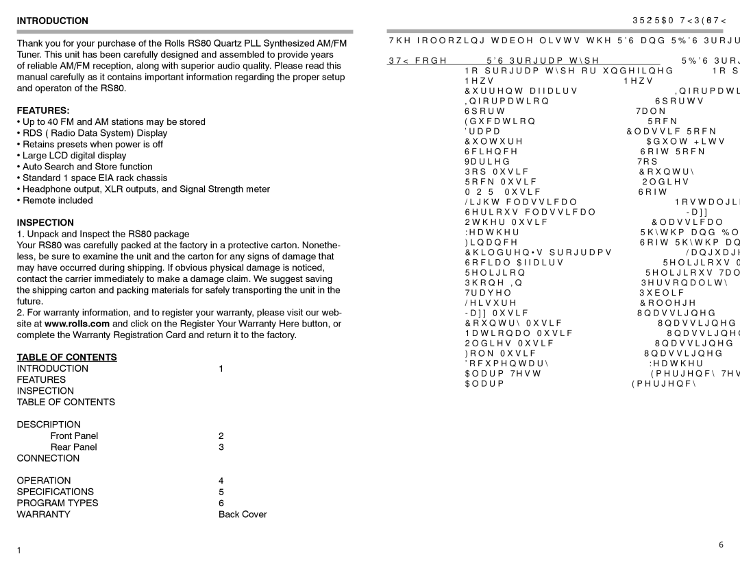 Rolls RS80 owner manual Introduction, Features, Inspection, Table of Contents 