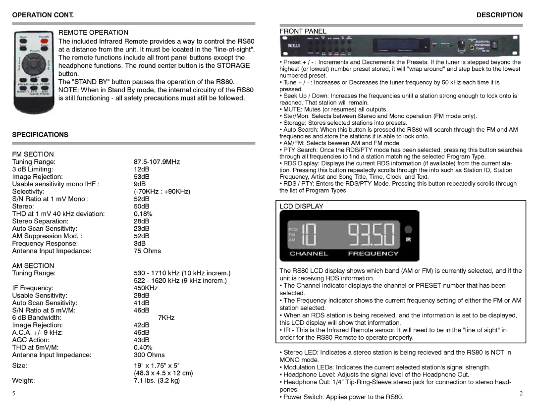 Rolls RS80 owner manual Operation, Specifications, Description 