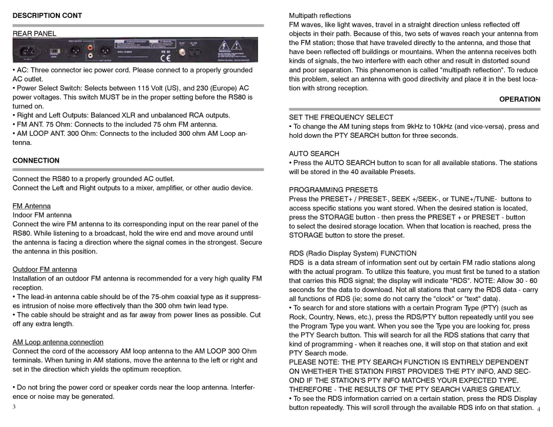 Rolls RS80 owner manual Rear Panel, Connection, SET the Frequency Select, Auto Search, Programming Presets 