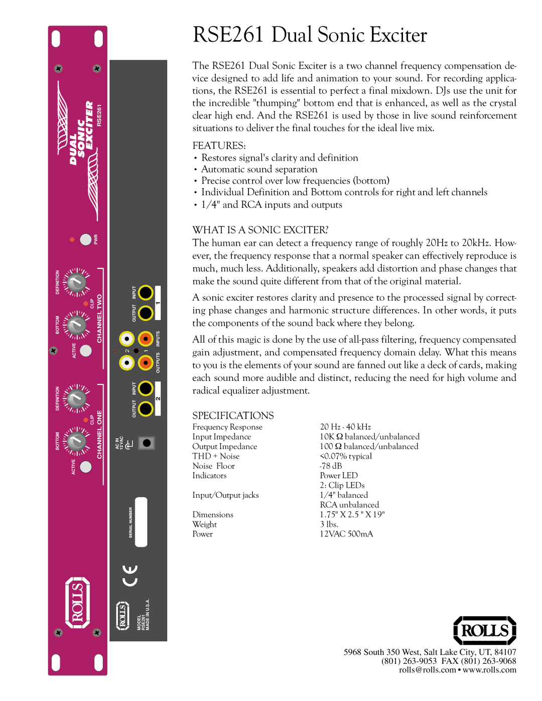 Rolls specifications RSE261 Dual Sonic Exciter, Features, What is a Sonic EXCITER?, Specifications 