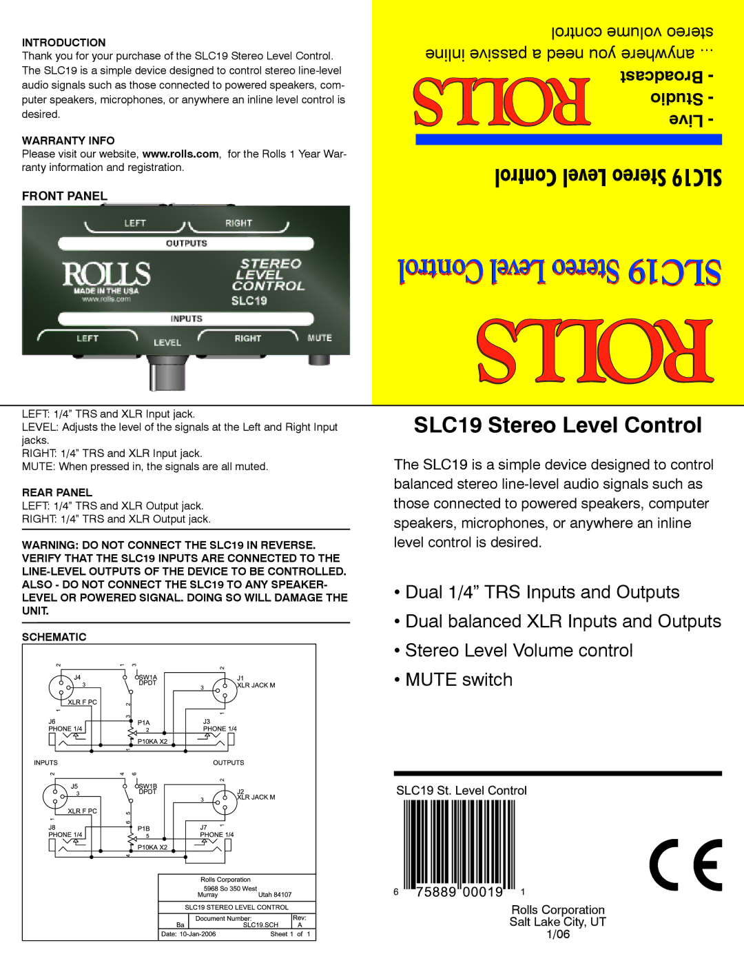 Rolls warranty Control Level Stereo SLC19, SLC19 Stereo Level Control, Introduction, Warranty Info, Rear Panel 