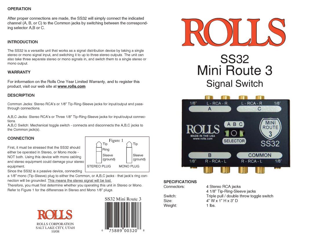 Rolls SS32 warranty Mini Route, Signal Switch 