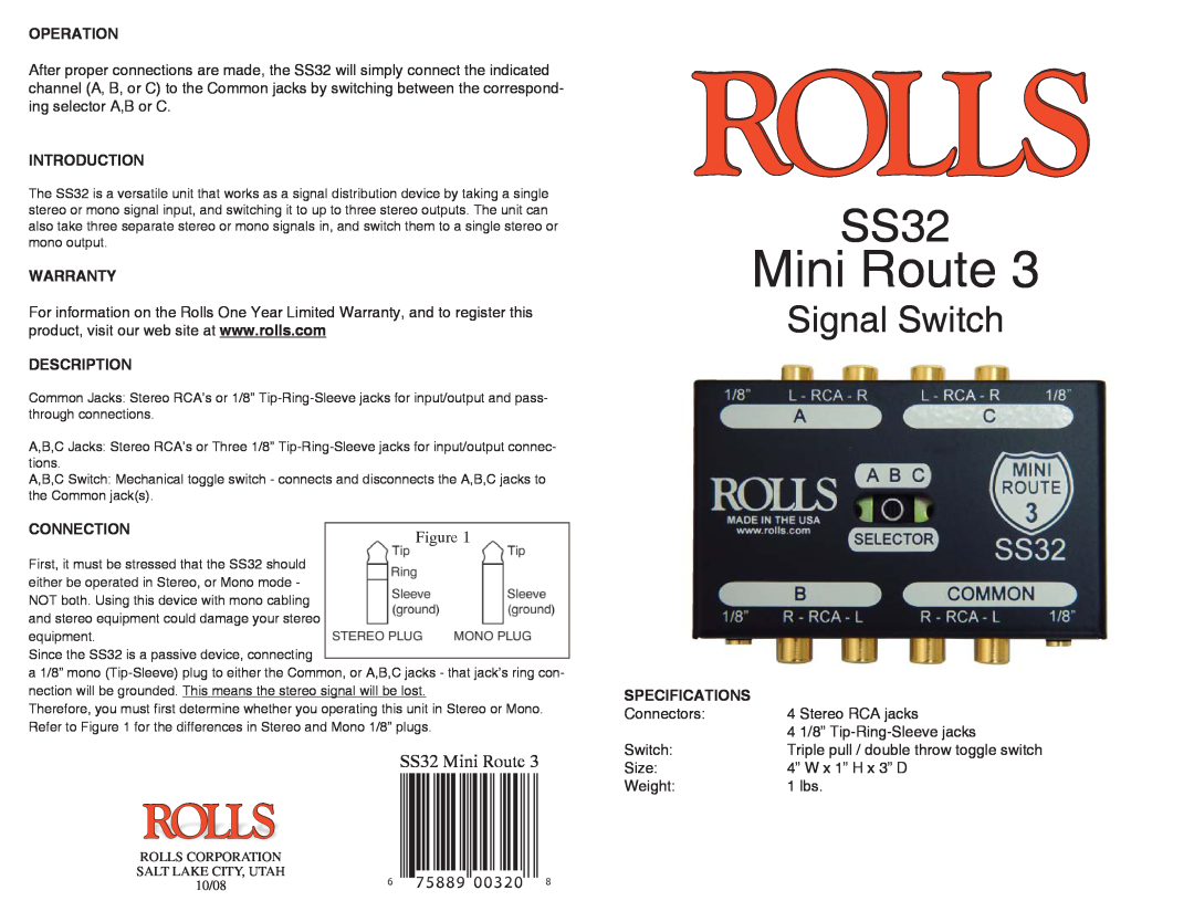 Rolls warranty Signal Switch, SS32 Mini Route, 75889, 00320, Operation, Introduction, Warranty, Description 