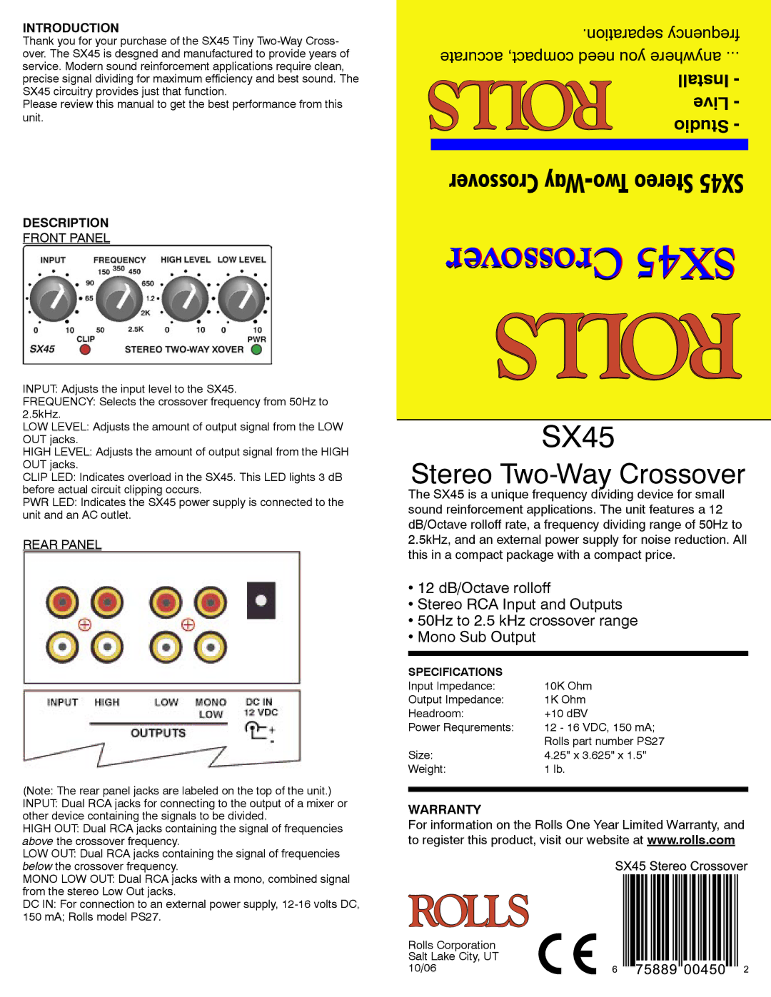 Rolls warranty Crossover SX45, Stereo Two-Way Crossover 