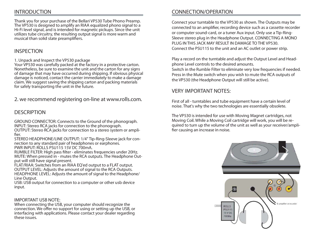 Rolls VP530 specifications Introduction, Inspection, Description, Connection/Operation 