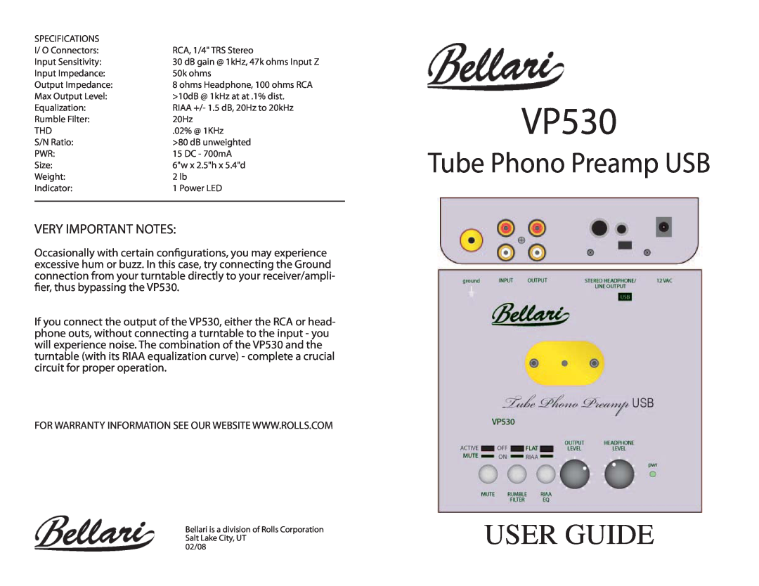 Rolls VP530 specifications Very Important Notes, User Guide, Tube Phono Preamp USB 
