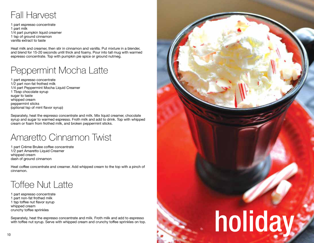 Ronco Coffeemaker manual Holiday, Fall Harvest, Peppermint Mocha Latte, Amaretto Cinnamon Twist, Toffee Nut Latte 