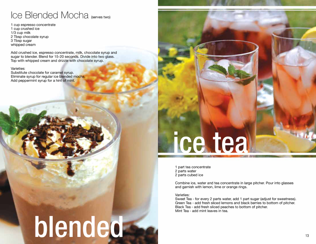 Ronco Coffeemaker manual 12blended Ice tea, Ice Blended Mocha serves two 