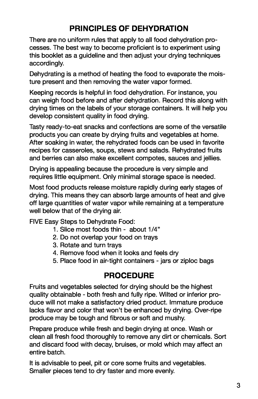 Ronco Food Saver manual Principles of Dehydration, Procedure 