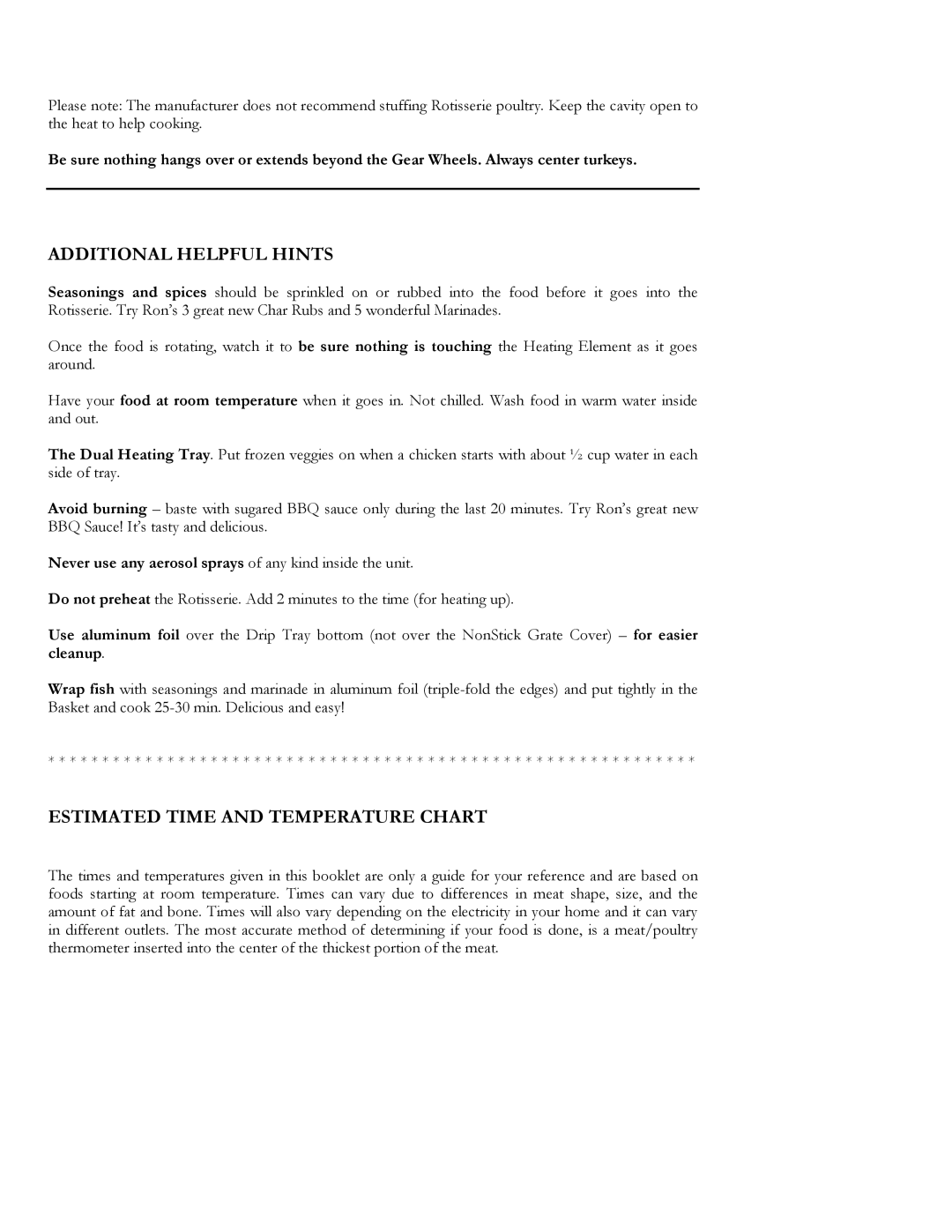 Ronco Oven manual Additional Helpful Hints, Estimated Time and Temperature Chart 