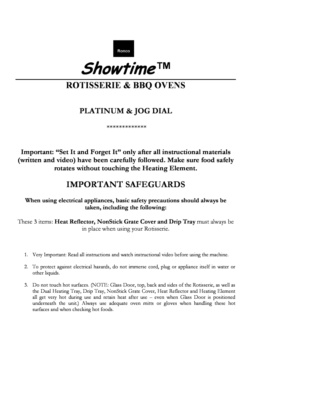 Ronco manual Showtime, Rotisserie & Bbq Ovens, Platinum & Jog Dial, Important Safeguards 
