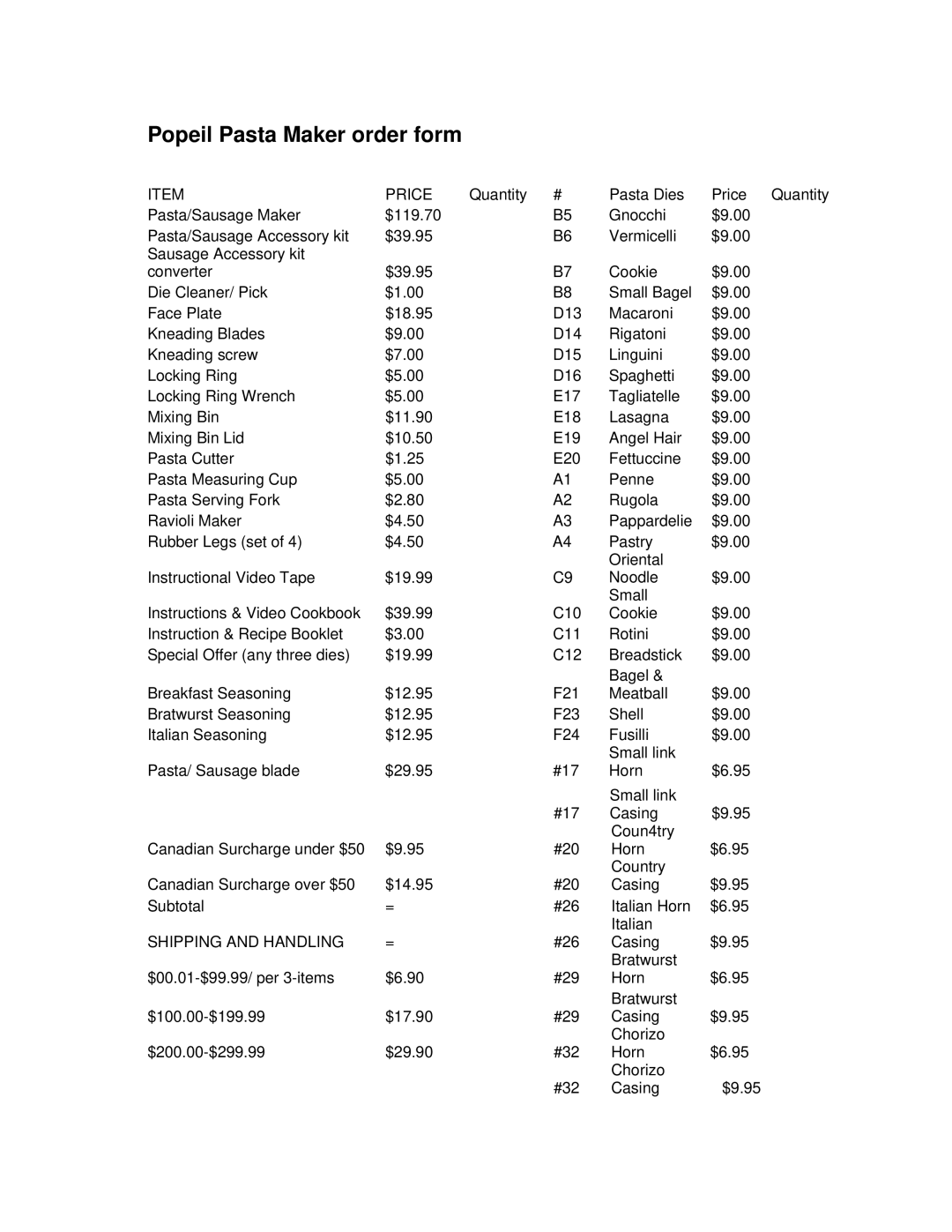 Ronco warranty Popeil Pasta Maker order form 