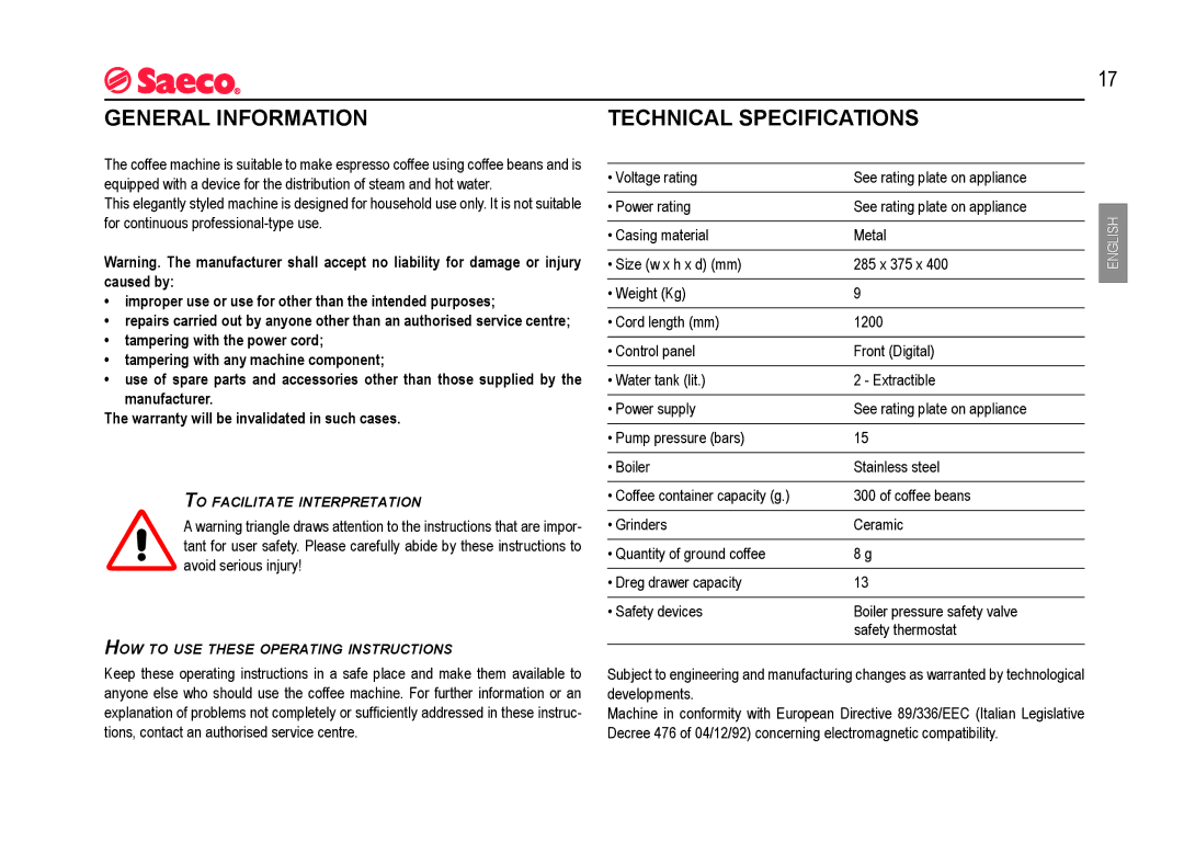 Rondo SUP021YO manual General Information, Technical Specifications 