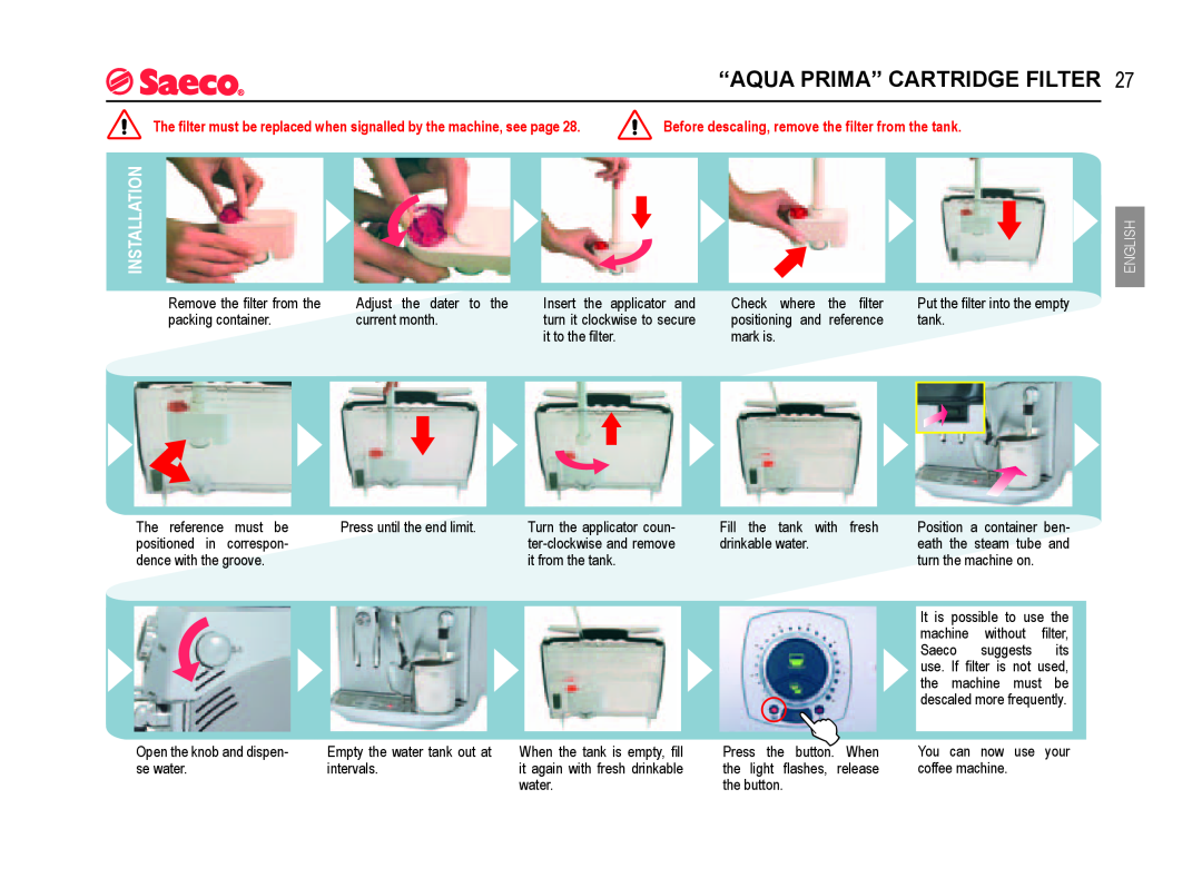 Rondo SUP021YO manual “Aqua Prima” Cartridge Filter, Installation, English 