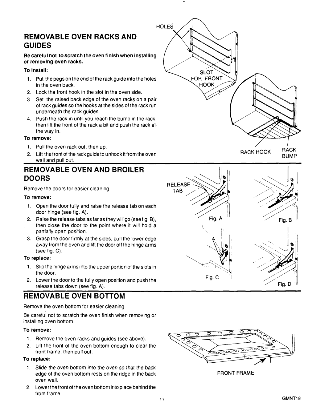 Roper B675 Removable Oven Racks and Guides, Removable Oven and Broiler Doors, Removable Oven Bottom, To remove, To replace 