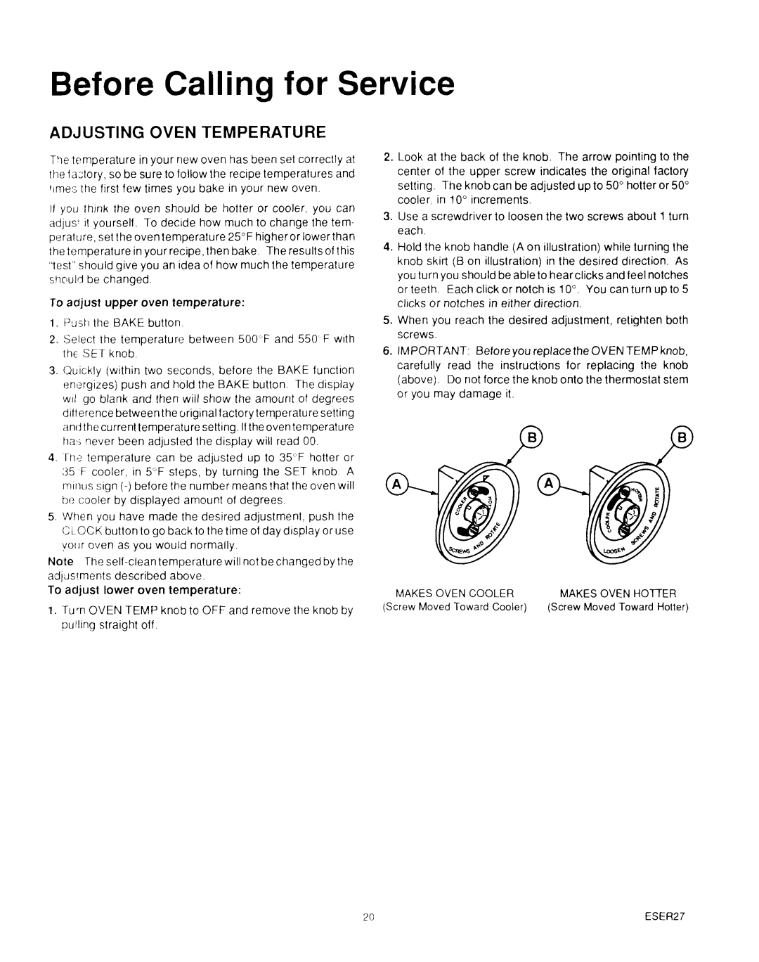 Roper Stove, 288, B675, B460 Adjusting Oven Temperature, To adjust upper oven temperature, To acljust lower oven temperature 