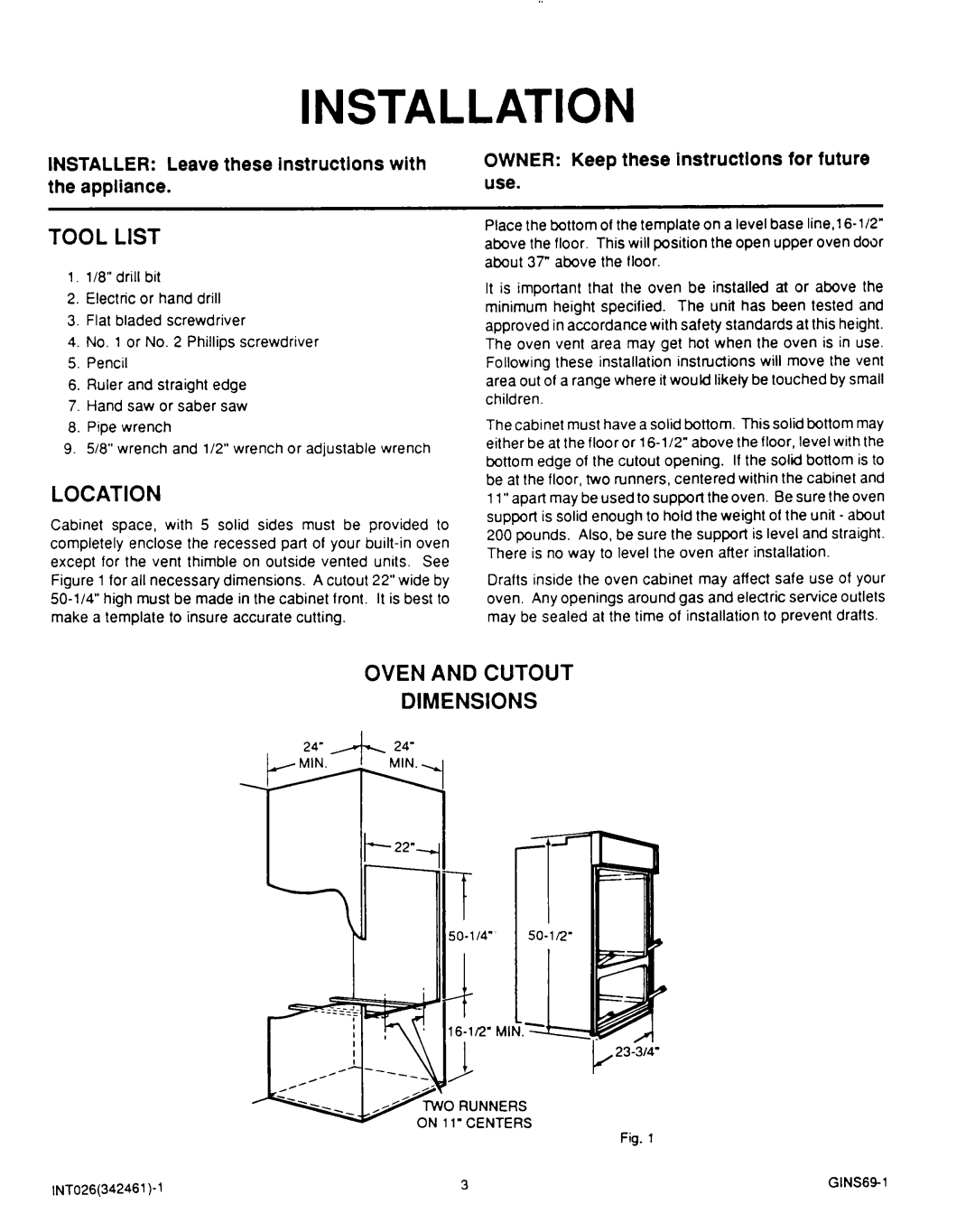 Roper 288, Stove, B675, B460 manual Tool List, Location, Oven and Cutout Dimensions 