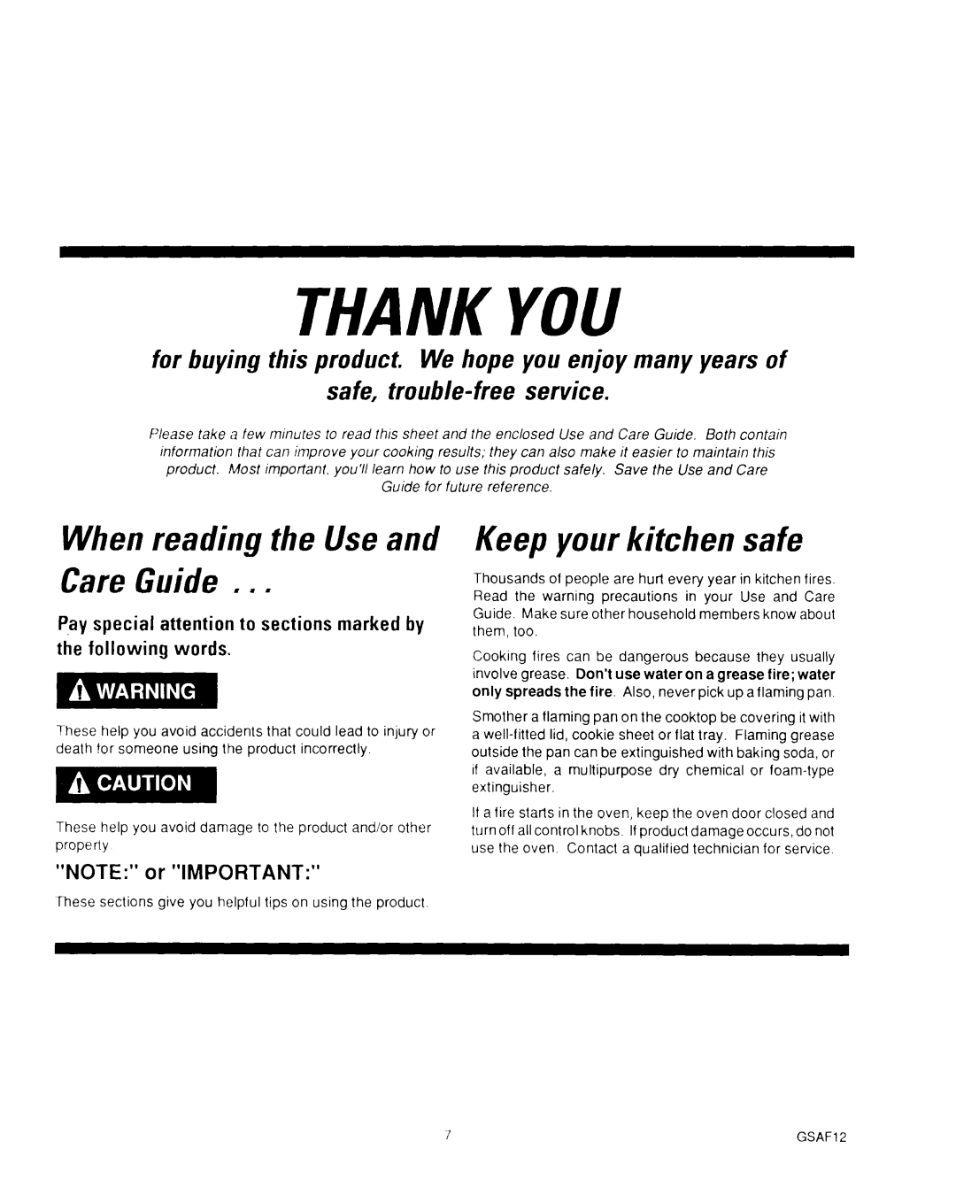 Roper 288 When reading the Use and Care Guide, Keep your kitchen safe, safe, trouble-freeservice, “NOTE ” or “IMPORTANT ” 