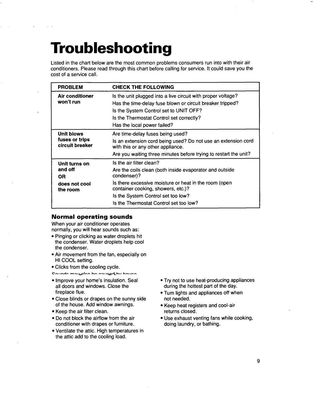 Roper X10002DO, 3, Air Conditioner, X12002DO warranty Troubleshooting, Normal operating sounds 