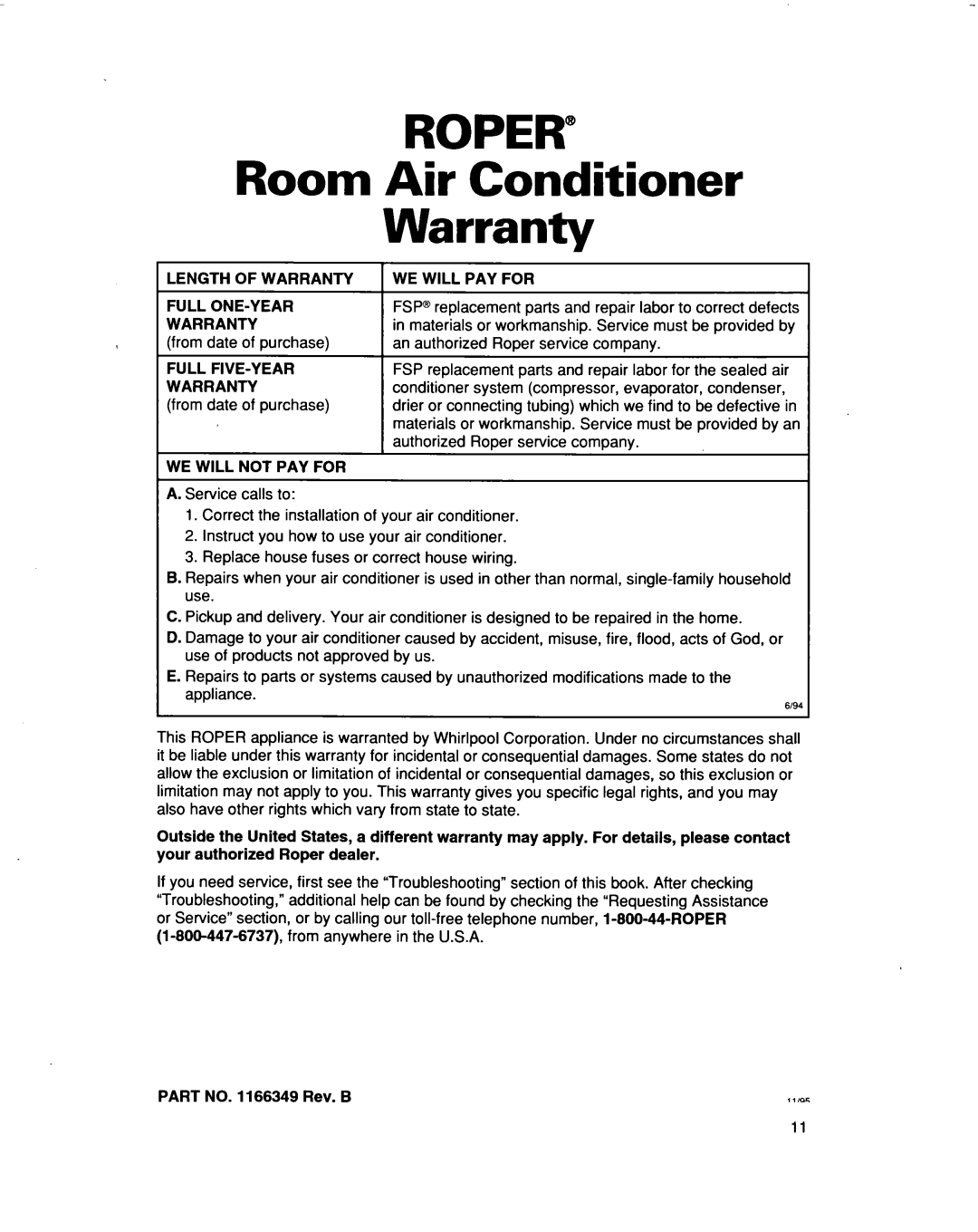 Roper Air Conditioner, 3, X10002DO, X12002DO warranty Room Air, Warranty 