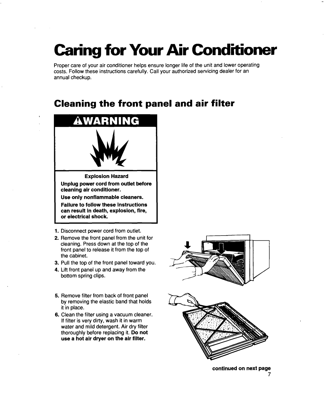 Roper X12002DO, 3, X10002DO warranty Caring for Your Air Conditioner, Cleaning the front panel and air filter 