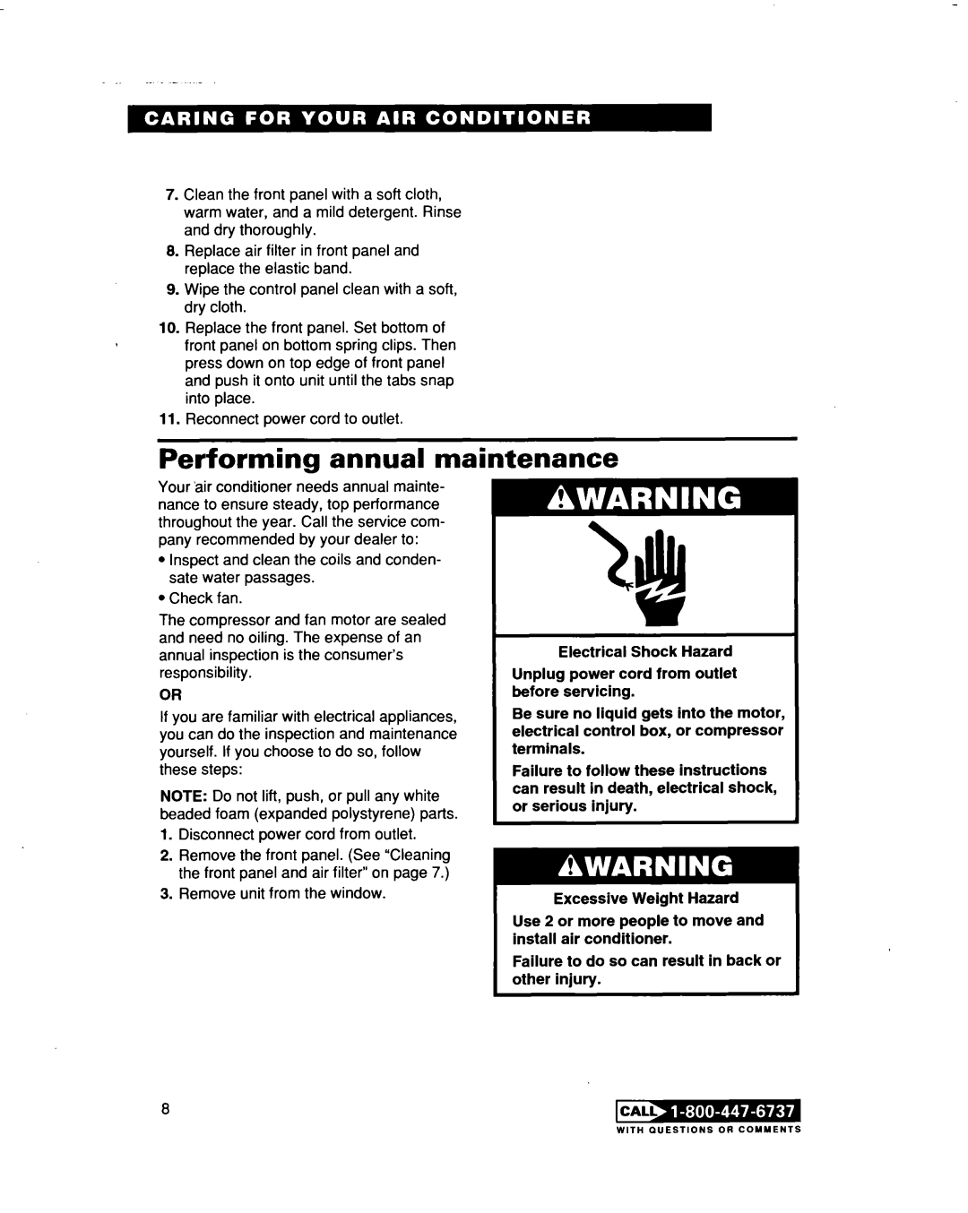 Roper 3, Air Conditioner, X10002DO, X12002DO warranty Performing annual maintenance 